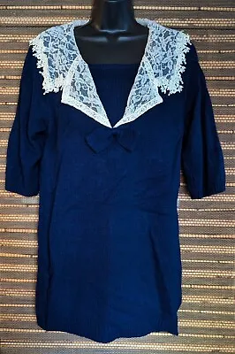 Vtg 80s Womens M 9/10 Navy Blue Knit Ivory Lace Prairie Collar Sweater Tunic Top • $15