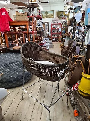 Vintage Baby Doll Bassinet  Brown Coloured Woven Bassinet Folding Chrome Frame • $80