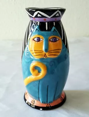 Laurel Burch By Ganz 4.25  Blue & Orange Ceramic Cat Vase W/ Magnet • $19.99