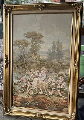 Vintage European Tapestry Children & Scenic Country Gold Frame Museum Quality • $150