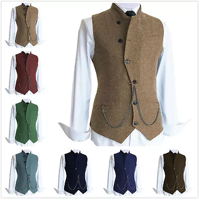 Mens Tweed Vests Vintage Herringbone Retro Formal Waistcoat M Large XL XXL 3XL • $29.68