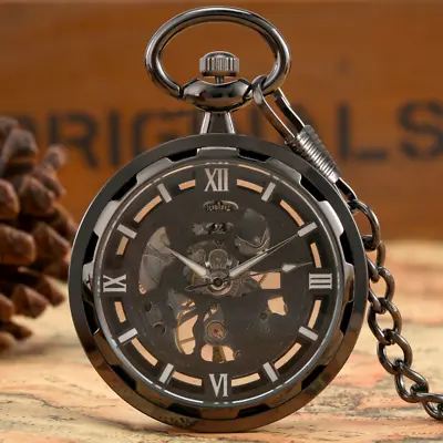 Mens Mechanical Pocket Watch Black Open Face Hand-winding Fob Watches With Chain • £16.43