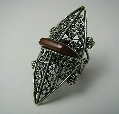 MODERN SILVER RING CARNELIAN AGATE FILIGREE Middle East 1950s US Size 6.75 Rare • $175