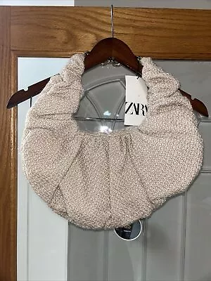 Zara Tweed Purse Bag With Chain Handle Beige Tan Slouch Hobo Boho Elbow Bolsos • $21.95