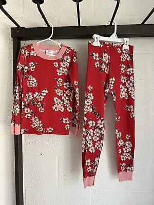 EUC Hanna Andersson Long John Pajamas SIZE 120 US 6-7 Dogwood Flowers Red Pink • $19.99