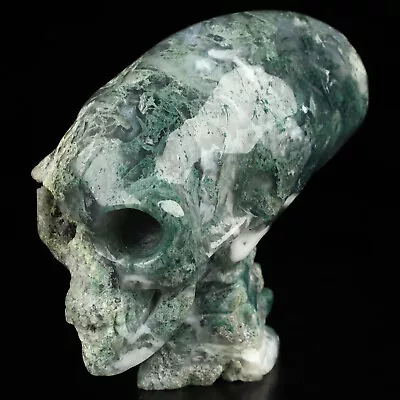 3.7  Green Moss Agate Carved Crystal Elongated Mayan Alien Skull With Spine • $0.95