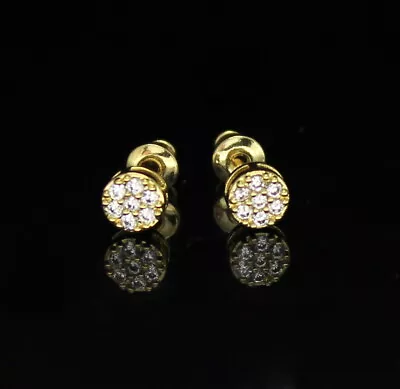 Unisex Mini Round Studs 14k Gold Plated Micro Pave Cz Push Back Earrings Hip Hop • $9.99