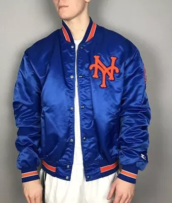 MLB Men’s  Mets New York NY Varsity Blue Vintage Bomber Satin Men Jacket • $104.99