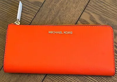 New Michael Kors Orange Poppy Jet Set Leather Large Quarter-Zip Wallet • $95