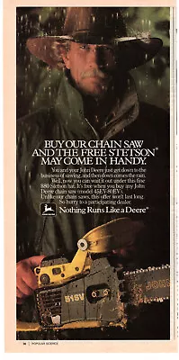 John Deere Chain Saw Stetson Hat 1985 Vintage Print Ad Original Man Cave Decor • $7.99