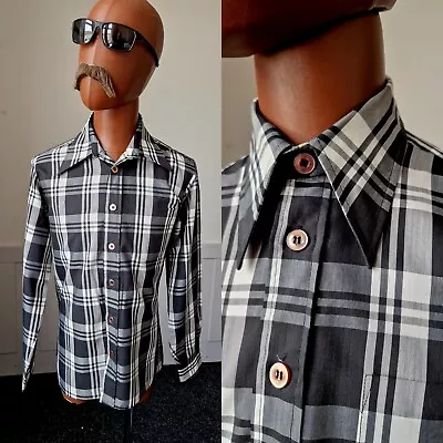 Vintage 70s Dagger Collar SHIRT Black/White Check Polycotton  Mod Disco *M* AT13 • £18