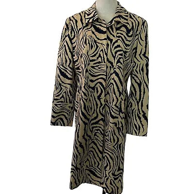 Carlisle Vintage Womens Trench Coat Size 12 Black Tan Animal Print Silk Cotton • $84.83