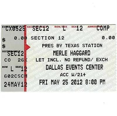 MERLE HAGGARD Concert Ticket Stub DALLAS TEXAS 5/25/12 OKIE FROM MUSKOGEE Rare • $8.99