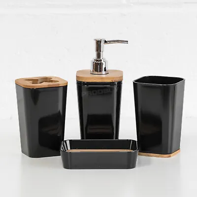 £16.39 • Buy 4 Pce Black / Wooden Bathroom Sink Accessories Set Lotion Soap Dispenser Tumbler