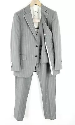 SUITSUPPLY Men Suit Lazio UK40S Slim Woolen 3 Piece Grey Striped Single-Breasted • $317.73