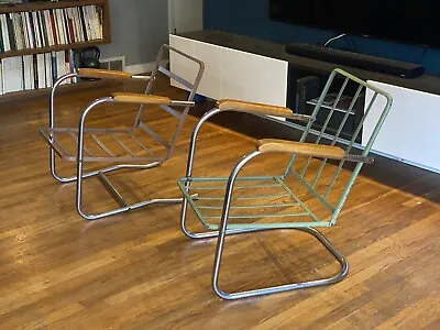 Vtg. Machine Age Cantilever Metal Lounge Chairs Set Of 2 • $300