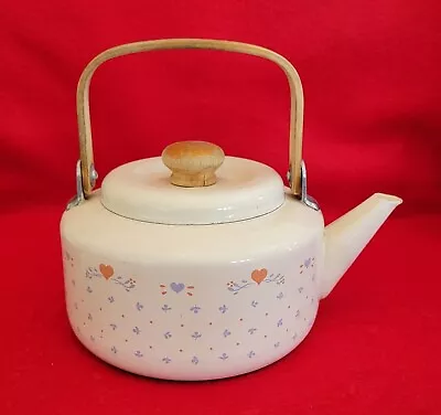 Vintage White Enameled Metal Tea Pot With Heart Pattern & Wooden Handle • £26.06