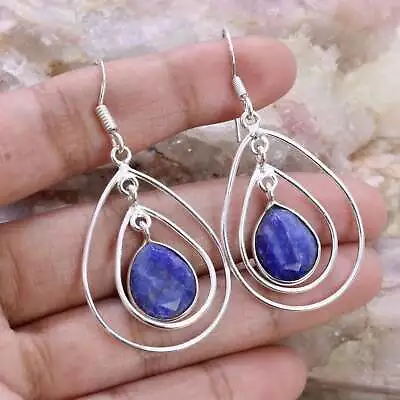 Color Enhanced Sapphire 925 Sterling Silver Hook Handmade Jewelry Earrings 40 Mm • $1.23