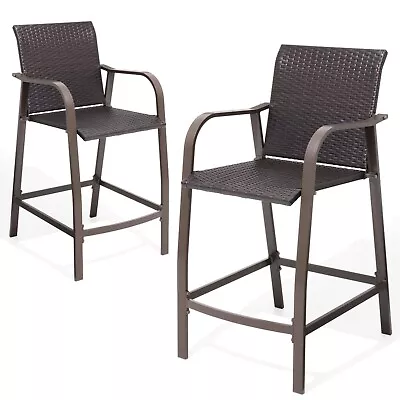 2 Pcs Aluminum Patio Bar Stools Outdoor Wicker Bar Chairs Antique Brown Finish • $209.99