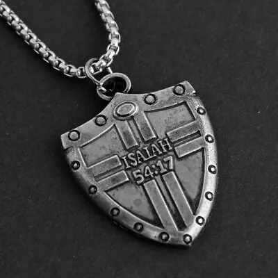 Cross Shield Necklace Men Bible Verse Isaiah Christian Amulet Pendant Chain 24  • $10.44