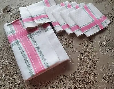 Vintage Art Deco Style Woven Striped Pink And Green Tablecloth With 6 Napkins • $34