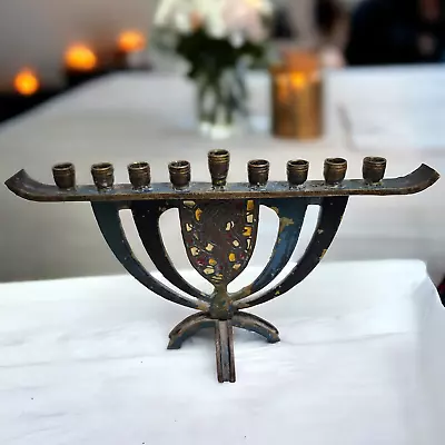 Brass Hanukkah Menorah With Lion Of Judah Marked Hakuli Israel Judaica Enameled • $80.90