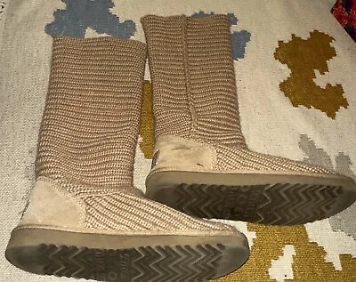 UGG Australia Womens Knit Cardy Boots Brown Crochet Sheepskin Tan 5817 Size 8 • $29.99