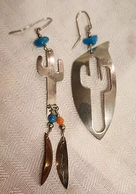 Vintage Native American SASSI LA MUTH Sterling & Turquoise Cactus Earrings • $25.99