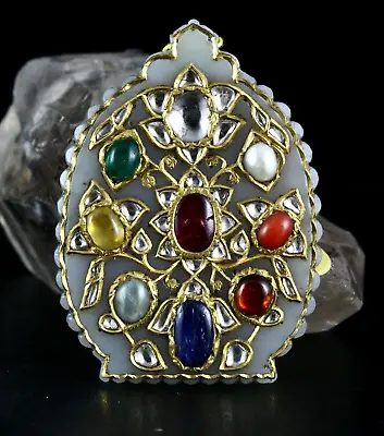 Old Nephrite Jade Mughal Precious Navratan Stone Flat Diamond 22k Gold Pendant • $5550