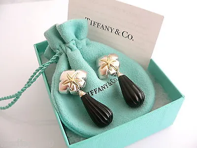 Tiffany & Co Silver 18K Gold Onyx Dangle Dangling Earrings Starfish Gift Pouch • $1298