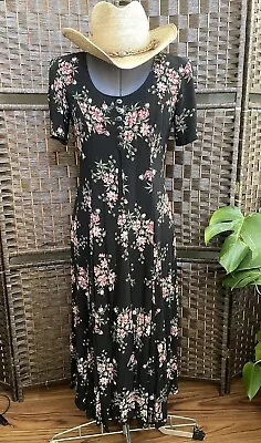 S Vintage Gauze Linen Rayon Maxi Dress Black Floral Button Layered Short Sleeves • $19.99