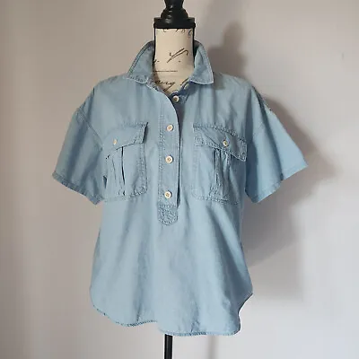 Madewell Chambray Indigo Safari Popover Shirt Short Sleeve Pocket Cotton Sz.L • $28.98