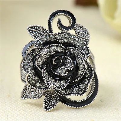 Women Retro Rose Flower Ring Black Crystal Vantige Big Flower Rings JewelrR_`h • $7.09