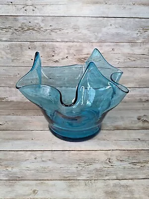 Vintage Handkerchief Vase Blue Hand Blown Glass Mid Century Modern 1960s Vase • $29