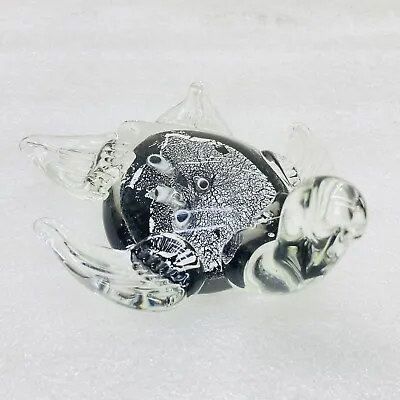 Hand Blown Glass Murano Style Sea Turtle Paperweight Black & White Figure • VG‼ • $21.95