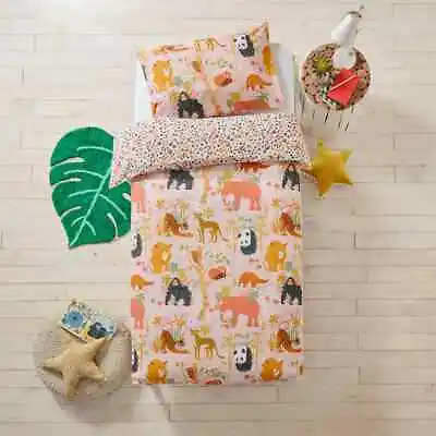 Safari Animals Pink Bedding 100% Cotton Kids Polka Dot Duvet Cover Set • £14.99