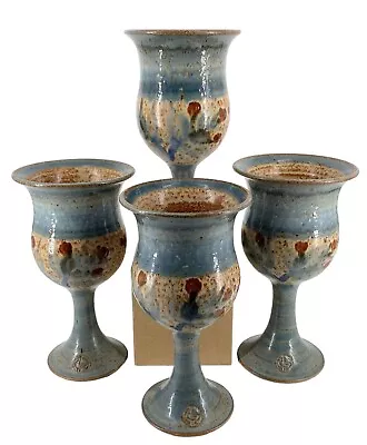 4 Vtg 80s Studio Pottery 7” Wine Goblet Speckled Stoneware Floral Blue Signed • $98