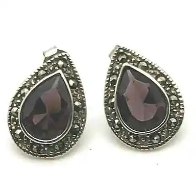 Vintage Sterling Silver MARCASITE TEARDROP EARRINGS Amethyst 3/4  X 1/2  • $11