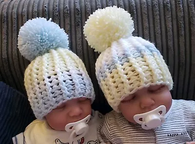 Newborn Baby Boys Hand Knitted Crochet Hats  Set Of  2 Blue White Yellow  • £18