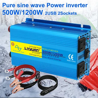 500W 1200W Pure Sine Wave Power Inverter DC 12V To AC 110V Converter 2USB 2AC • $39.59