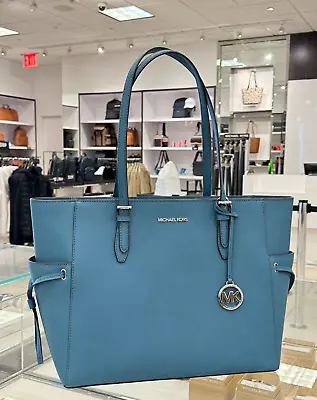 Michael Kors Gilly Large Drawstring Travel Tote Shoulder Bag Leather Teal • $114