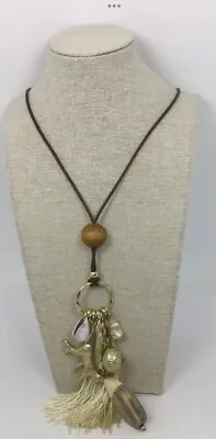 Chico's Goldtone Monkey Seashell Tassel Wood Pendant Cord Statement Necklace • $4.75