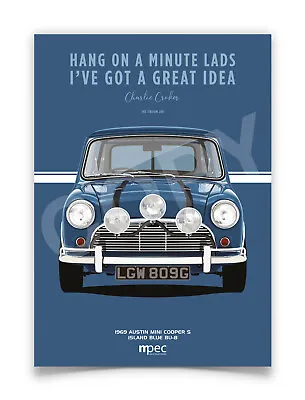 The Italian Job Blue 1969 Austin Mini Cooper S Portrait Poster. Various Sizes • £20