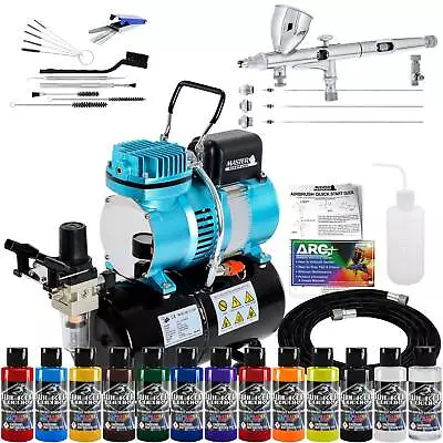 MASTER Dual Action Airbrush & Compressor Kit 12 Wicked Paint Colors Hobby Art • $325.99