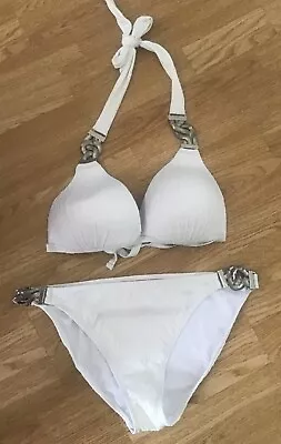 Lipsy Abbey Clancy Size 12 Top & 12 Bottom White Silver Hardware Bikini Bnwt • £29.99