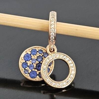 $74 • Buy Pandora Rose Gold Sparkling Cz Blue Double Disc Dangle Charm 789186 Free Post