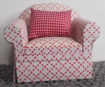 Dollhouse Miniature Upholstered White/Pink Chair 1:12 With Pillow 3-1/8  W X 3 H • $12.95