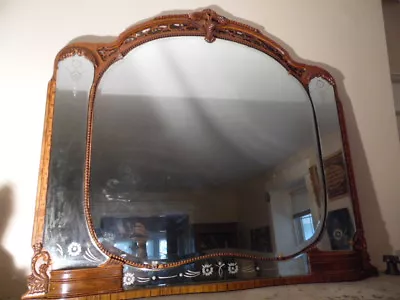 VTG Dresser Mantel Mirror Itched Glass Inlay Carved Oak Wood Ornate Beveled Edge • $287.97