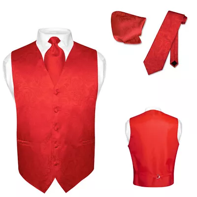 Men's Dress VEST NeckTie For Suit Tuxedo RED Color PAISLEY Design Tie Hanky S • $25.95