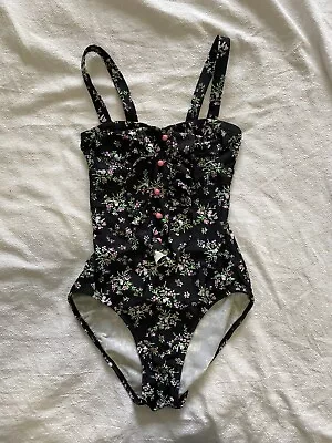 Zimmermann Sz 0 AU 8 One Piece Swimwear Black Floral Ruffle Button Swimsuit • $129